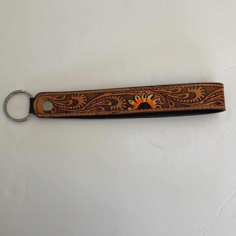 Tooled Leather Floral Keychain Wristlet  Wrist Lanyard - Brown & Orange NEW - Picture 2 of 6